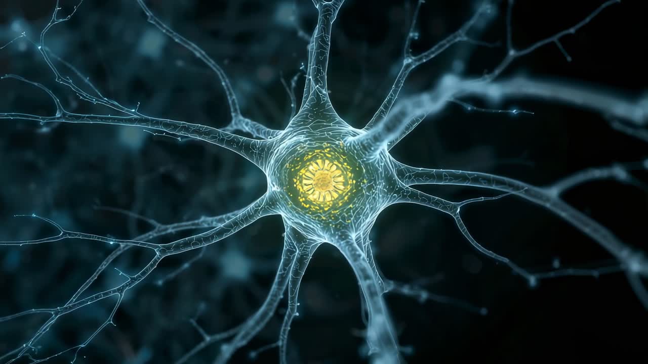 Pulsing 3D neuron soma emitting sparks along dendritic branches in neural tissue sending signals