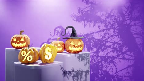 Halloween-themed-display-with-carved-pumpkins-on-platforms,-one-with-a-witch-hat-and-others-with-percentage-and-dollar-signs,-shadows-of-branches-on-a-purple-background