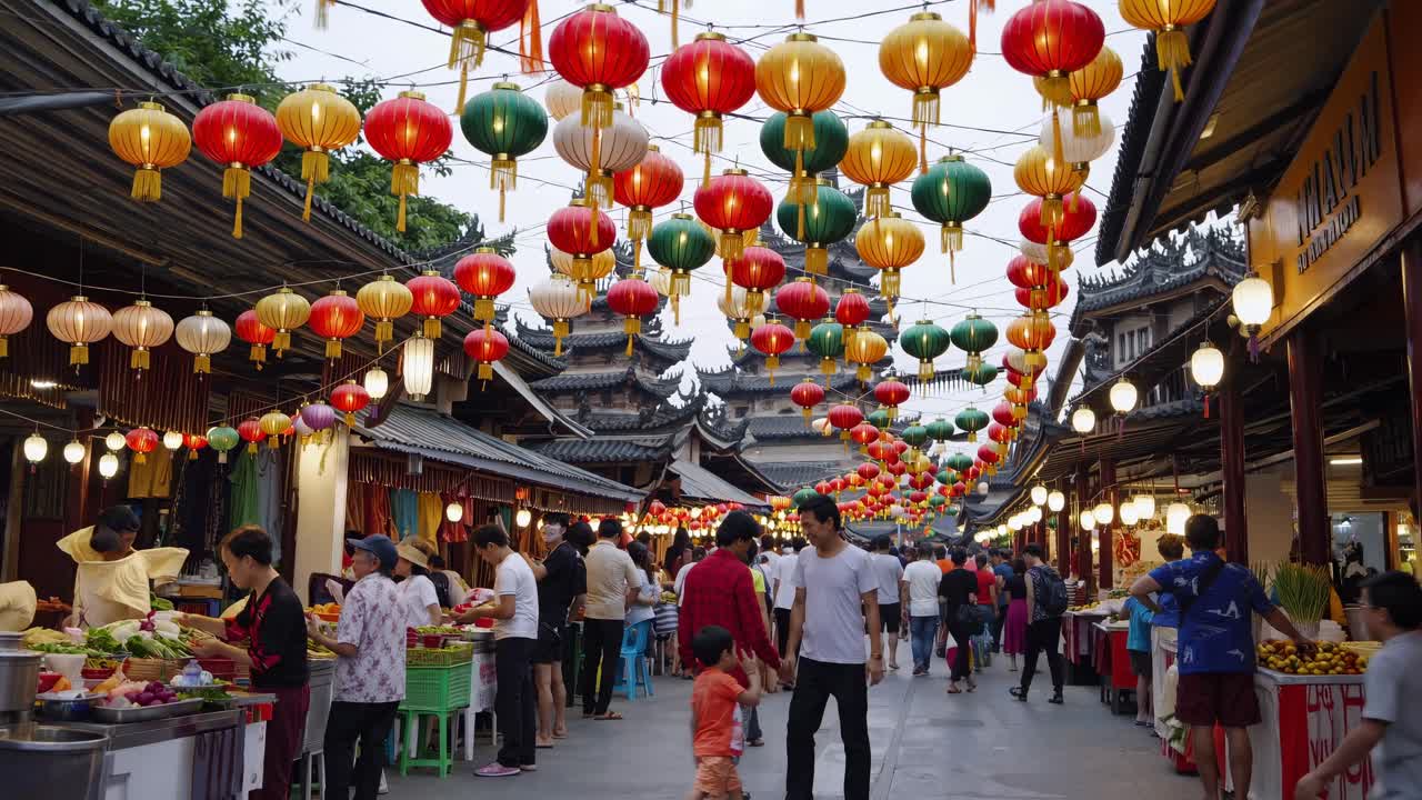 Vibrant street market scene with colorful lanterns overhead. Captured from a low angle, perfect