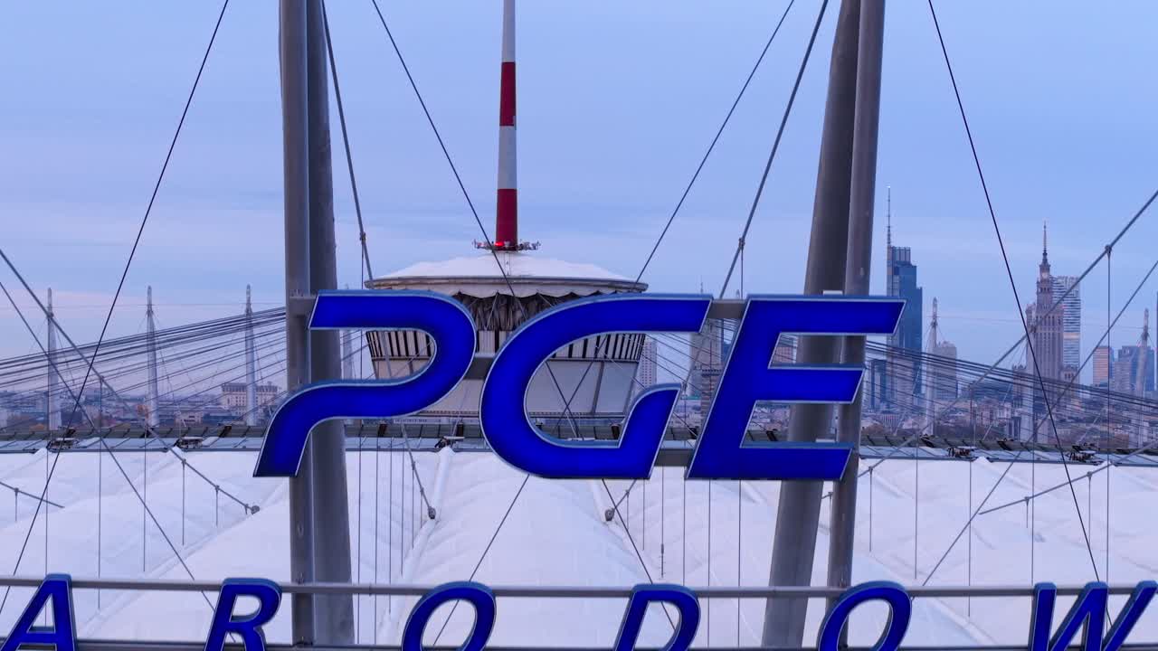 Warsaw, Poland, Close Aerial View of PGE Narodowy, National Football Stadium Facade, Logo and Retractable Roof