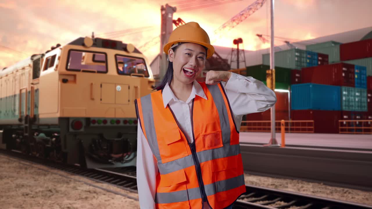 Asian Female Engineer With Safety Helmet Smiling To Camera And Making Call Me Gesture With Freight Cargo Train At Port