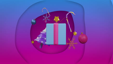árbol de navidad flotante, regalos y bolas en fondo azul y púrpura