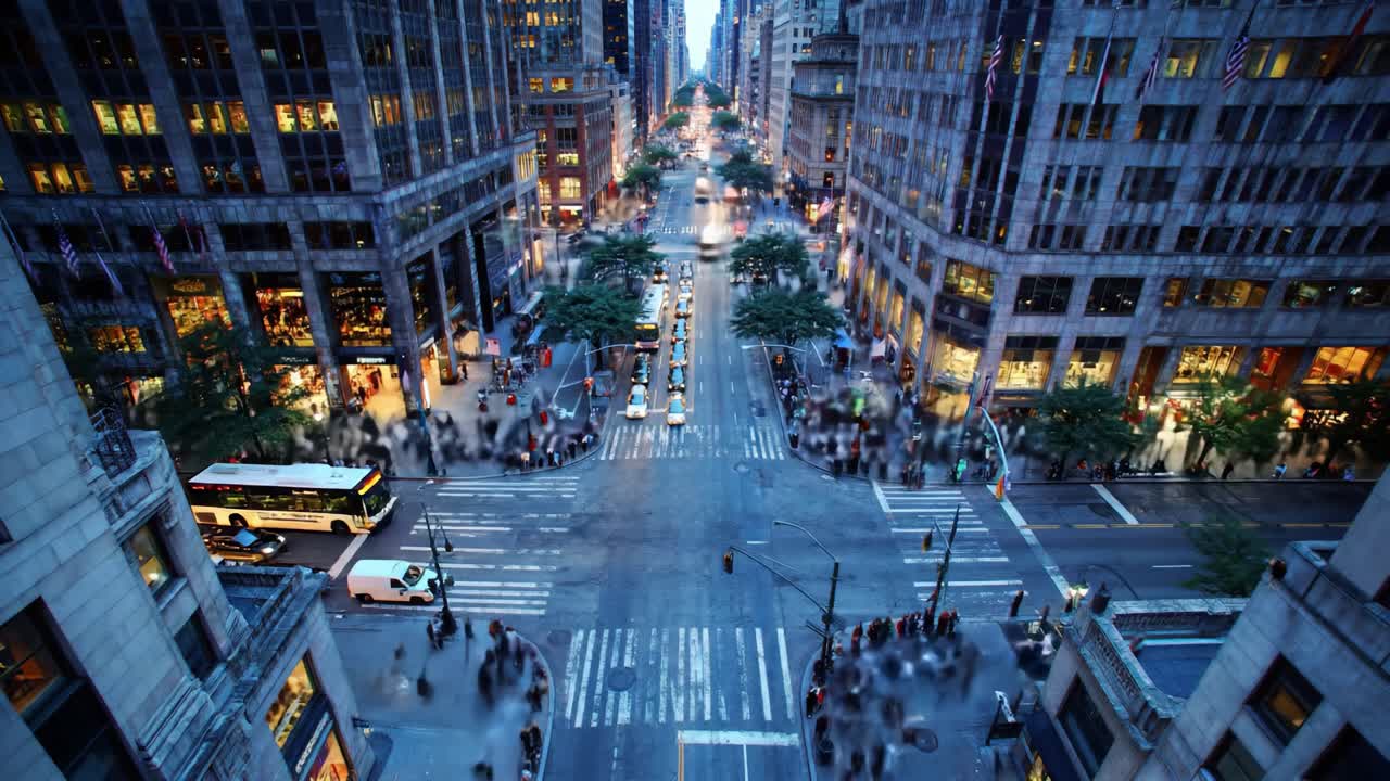 The video highlights a vibrant urban intersection during twilight, featuring moving vehicles and crowds of pedestrians crossing the street. City lights illuminate the scene.