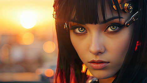 sunset portrait of a young woman with striking features in urban setting
