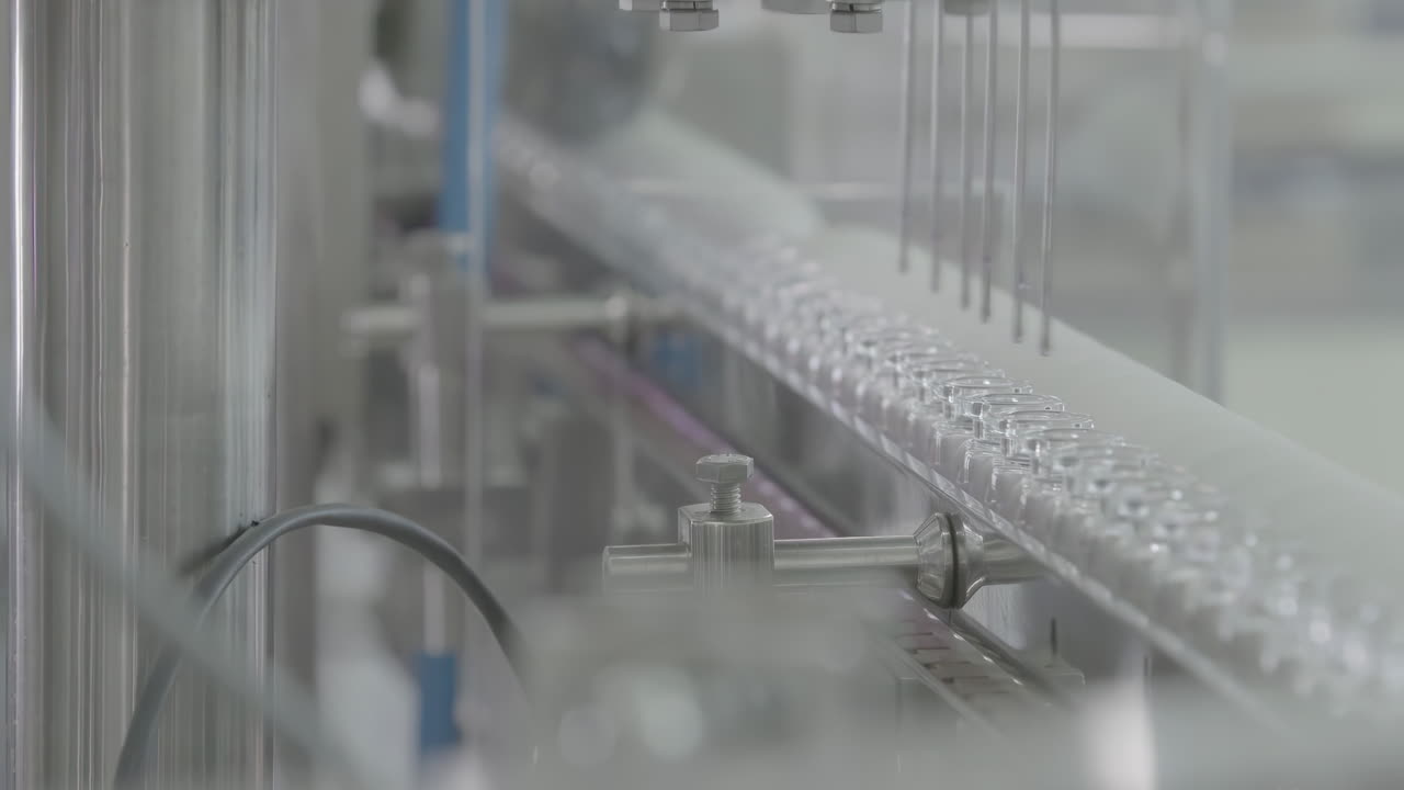 Sterile Environment with medical vials filled with liquid on a automated conveyor production line in pharmaceutical factory manufacturing plant, showcasing modern medicine laboratory science.