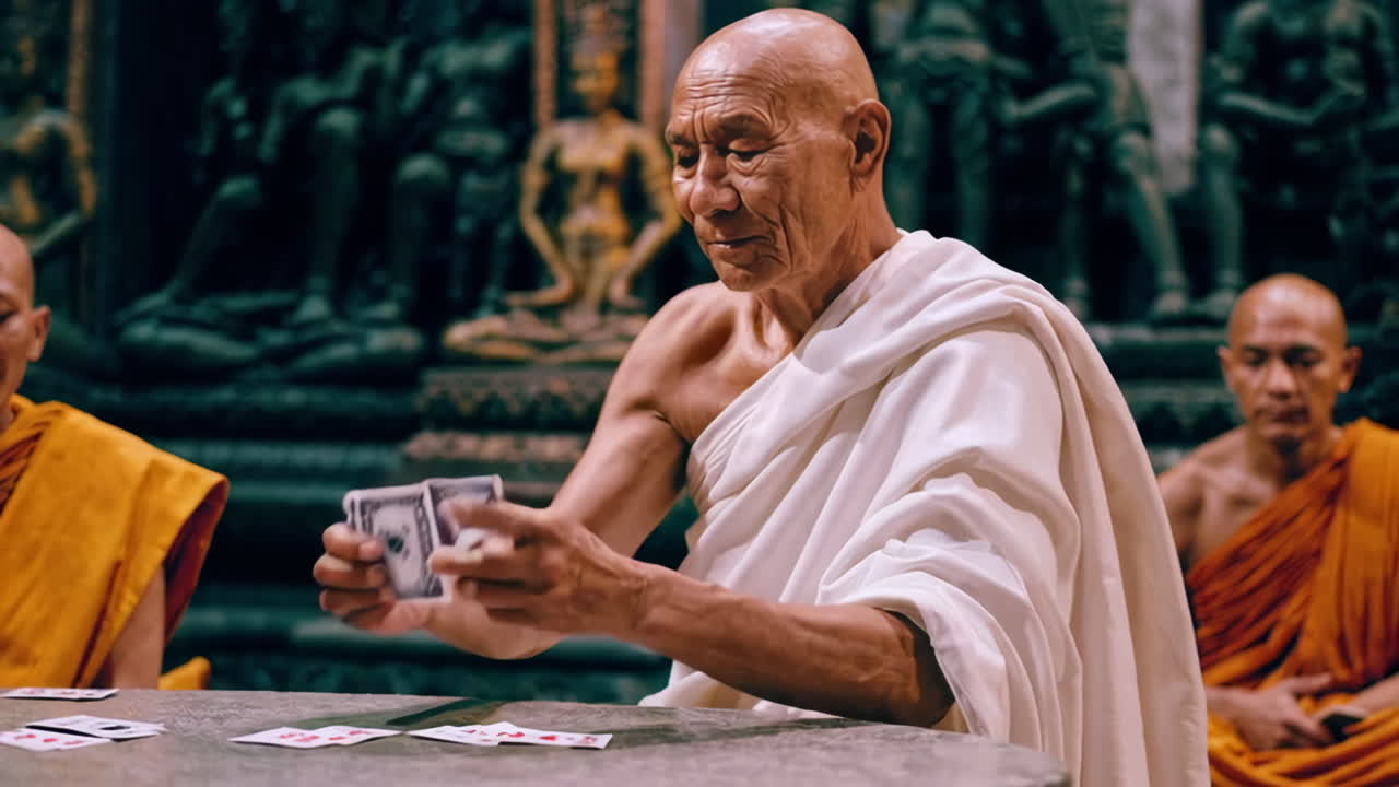 monjes budistas jugando a las cartas en un templo