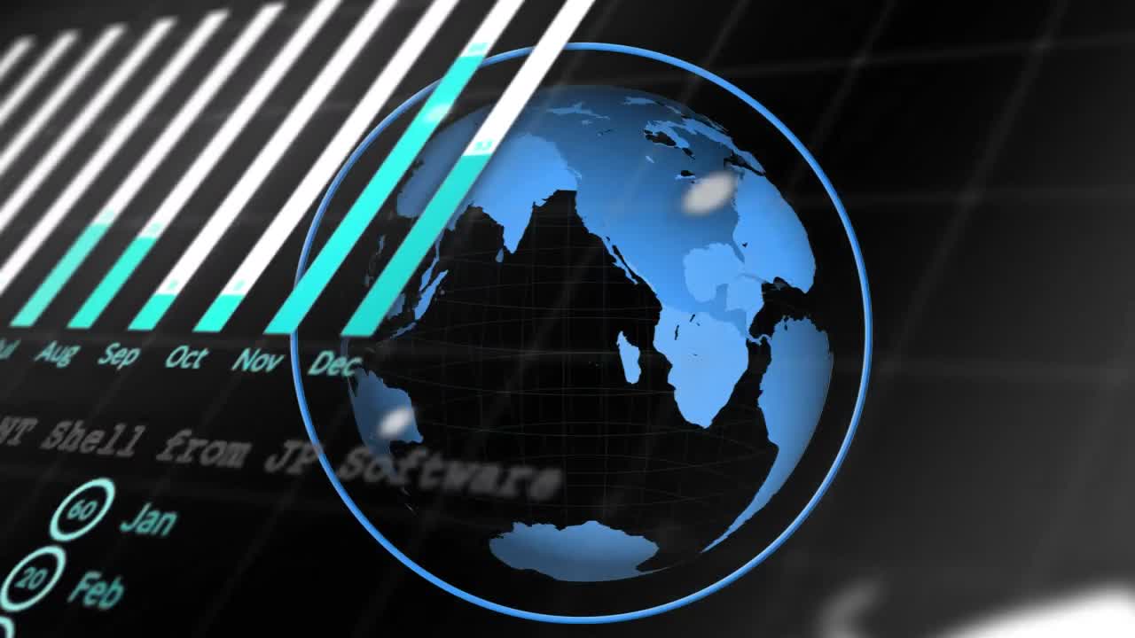 Animation of globe in circle, graph, globe and computer language over black background