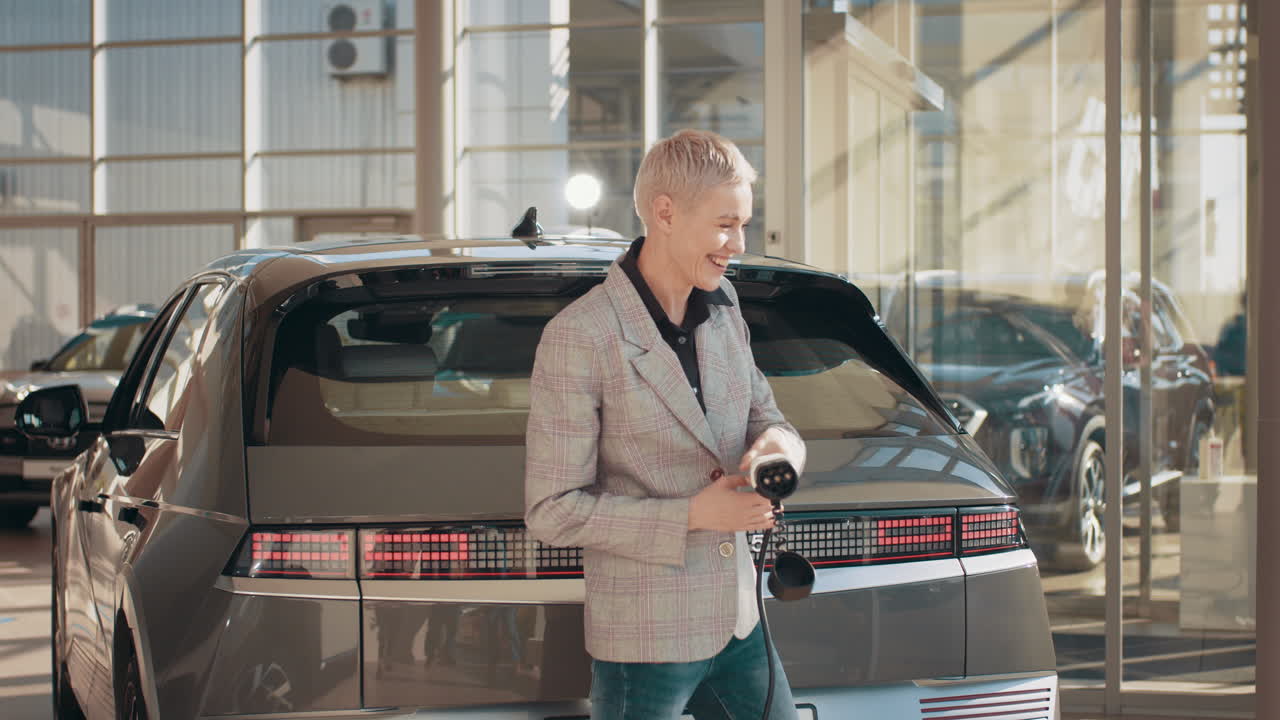 mujer cargando con entusiasmo un coche eléctrico