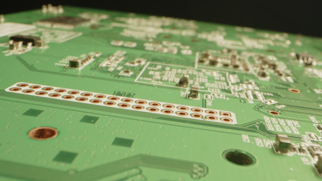 Beautiful macro dolly out of a green circuit board in a dark studio
