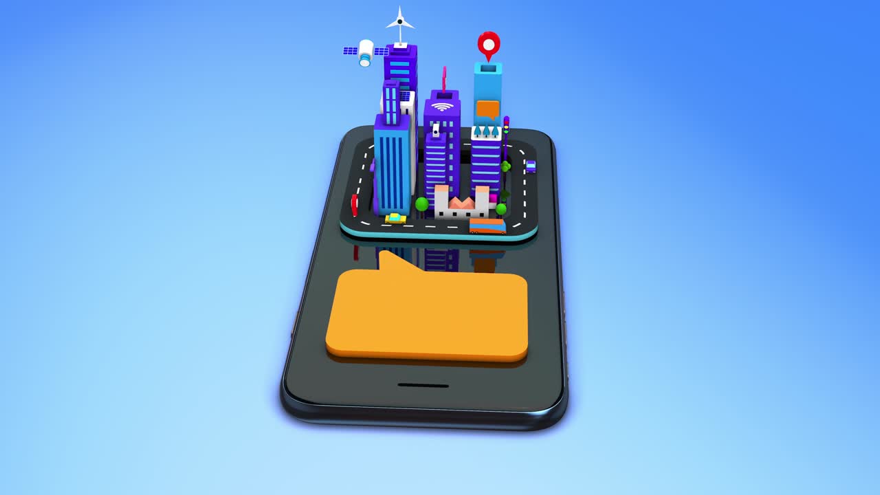 Online Chat Symbol In Smart City. Skyscrapers On Smart Phone. Perfect Loop.