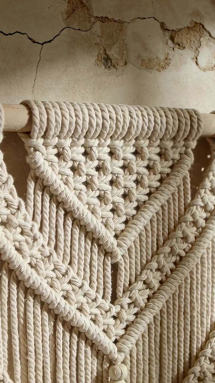 Vertical video: Camera shifting right revealing macrame on rod by aged wall, chevron knot and bead