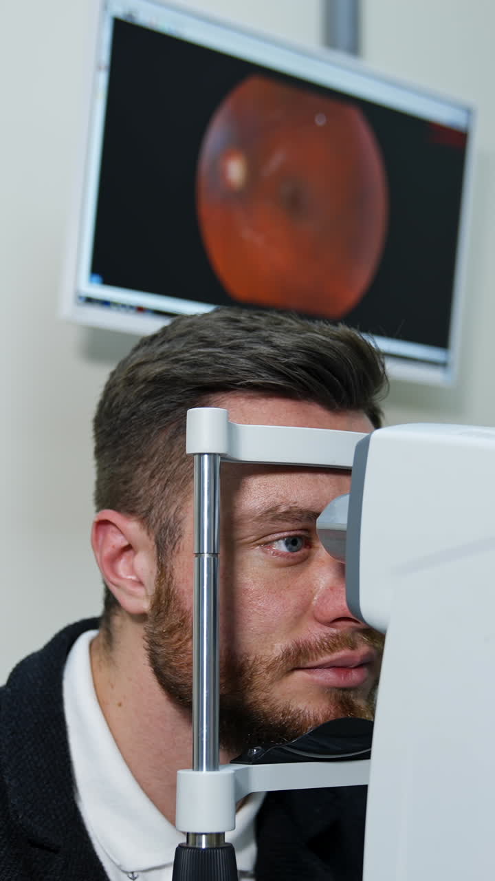 Patient in ophthalmology clinic. Man looks inside apparatus for medical therapy. Young man checking his eyes in ophthalmologist office. Vertical video
