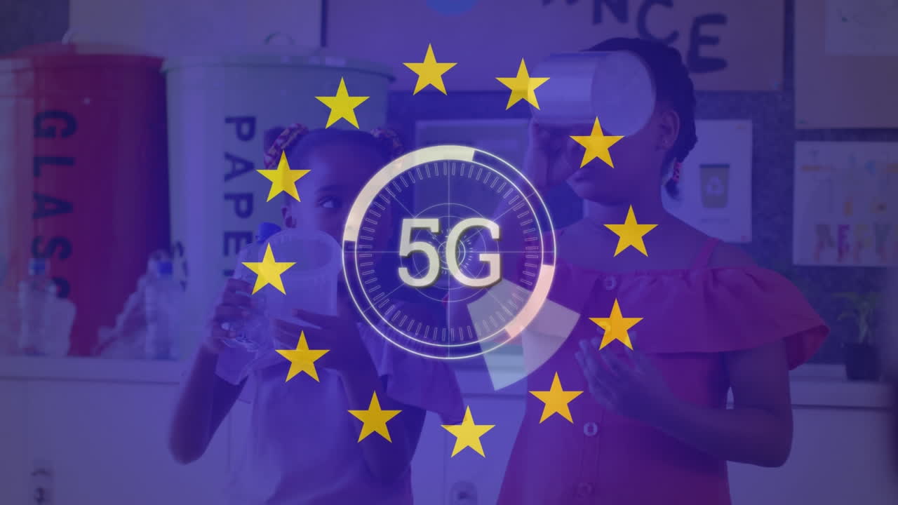 Animation of flag of eu and 5g text over diverse volunteers segregating waste