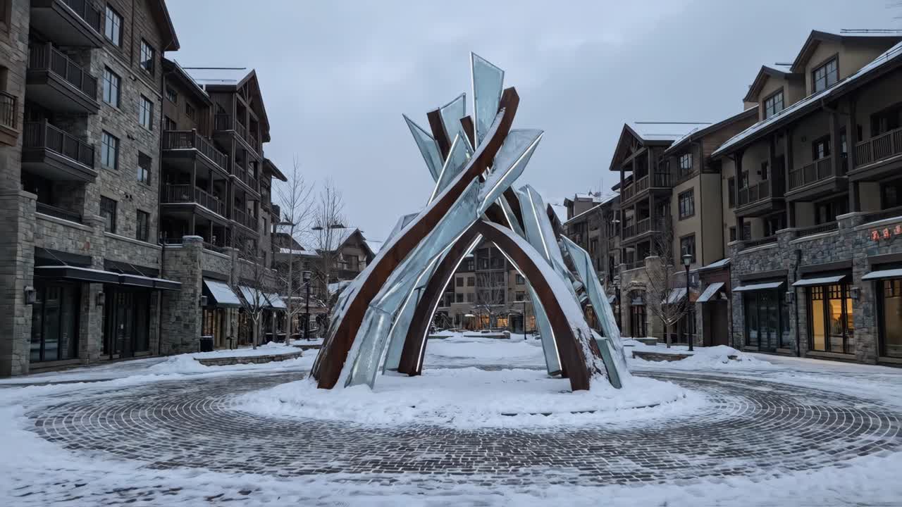 Kış meydanında karla kaplı modern heykel