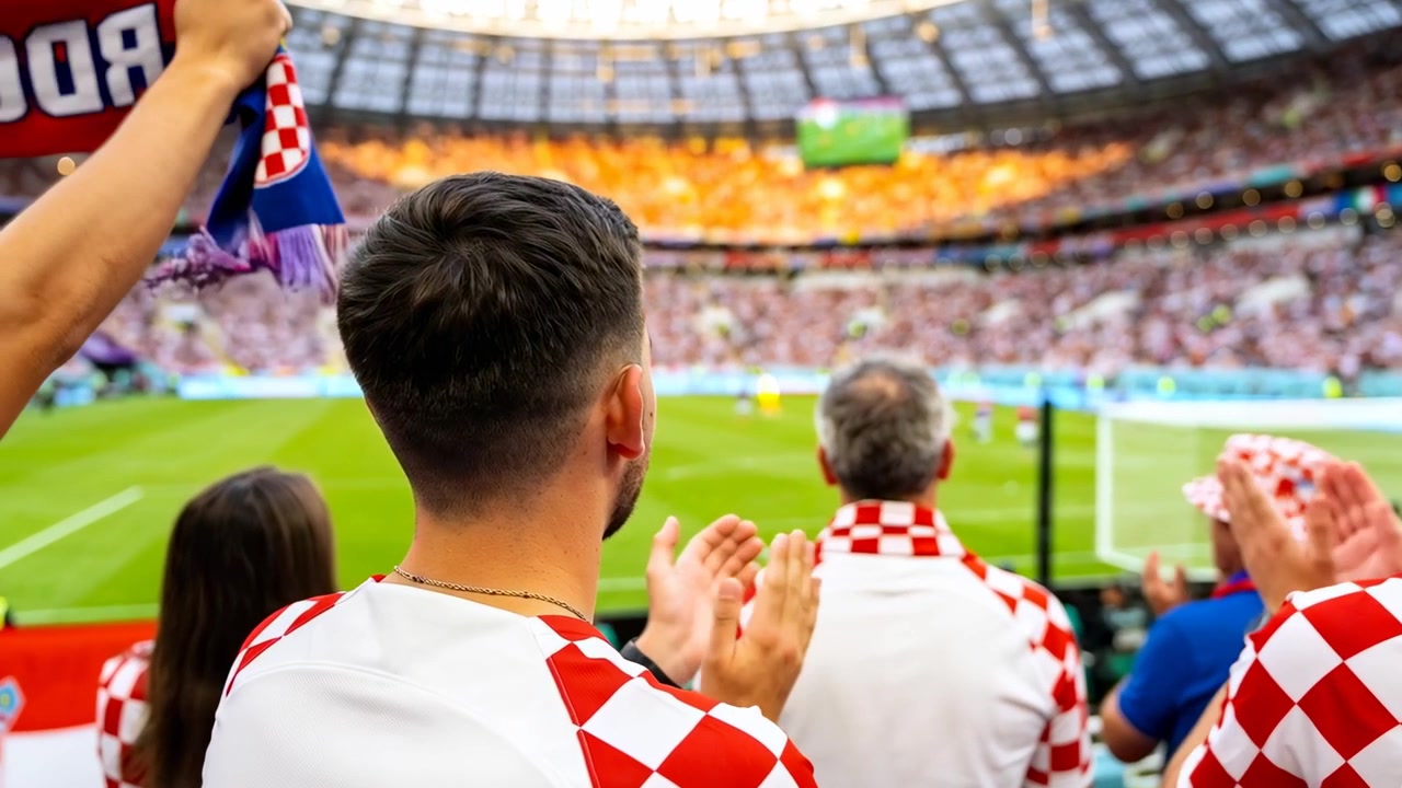 Tifosi esultanti che reagiscono a un'azione quasi gol allo stadio, sventolando una sciarpa, indossando magliette a scacchi