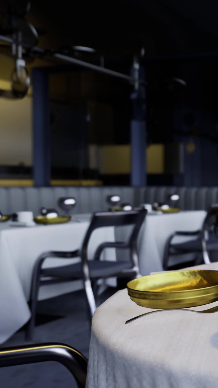 Ambiente de restaurante con mesas vacías y cocina al fondo durante la noche
