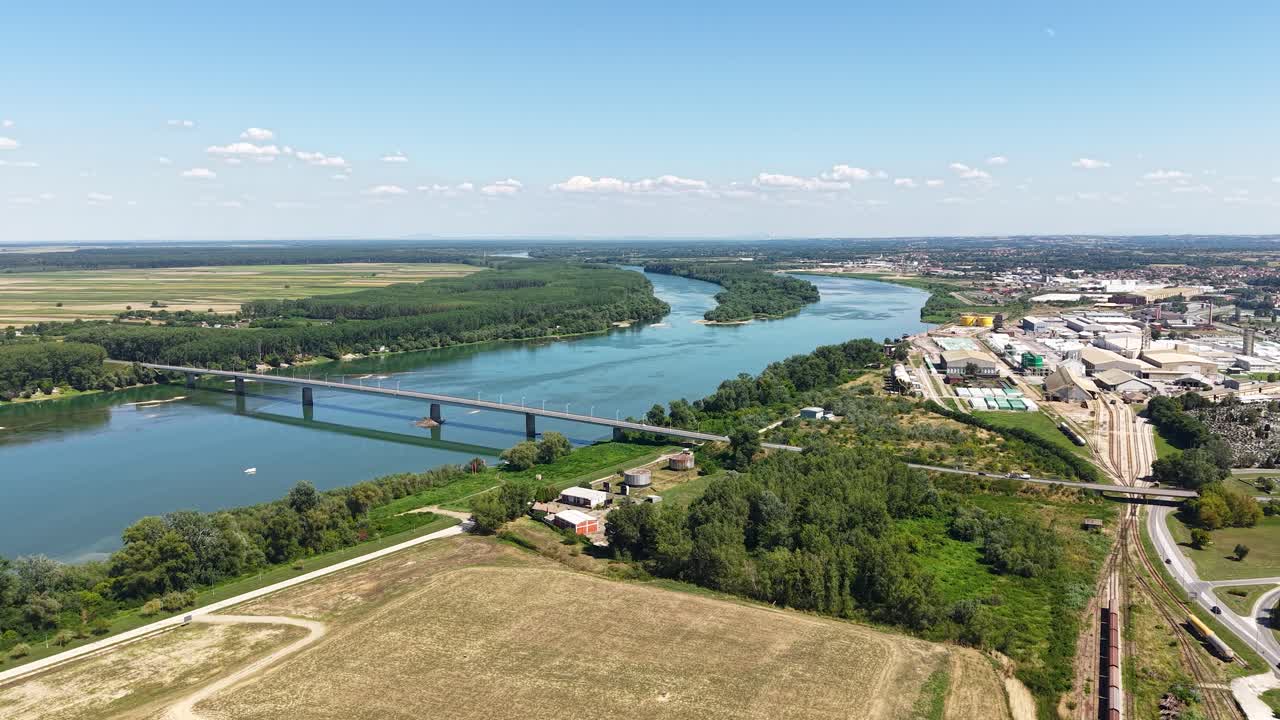 Aerial View of Sava River. Bridge. Island and Riverbanks in Landscape of Serbia