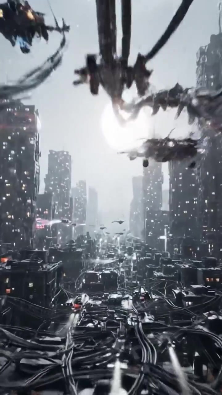 Futuristic Cityscape: A Dystopian Journey Through Neon-Lit Skyscrapers, Interwoven Cables, and Hovering Vehicles in a Gloomy Atmosphere