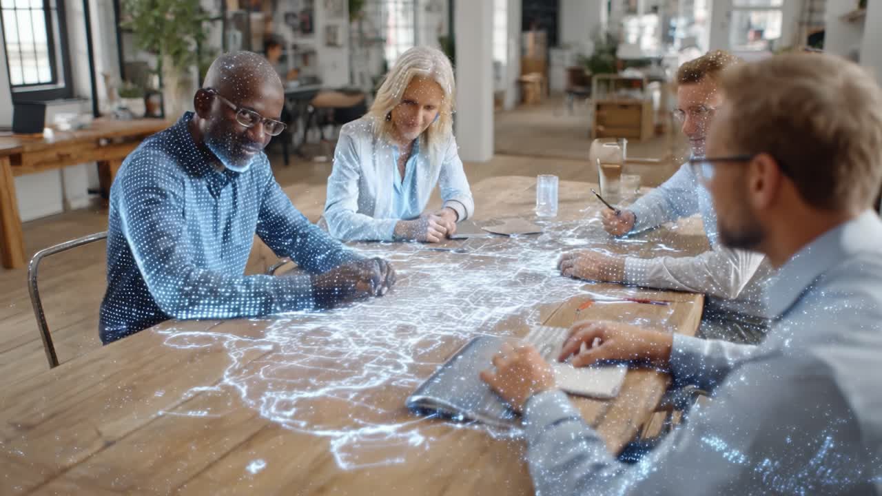 A Diverse Team Engaging in Innovative Collaboration Surrounded by Glowing Digital Projections, Representing Creativity and Technology in a Modern Workspace Setting
