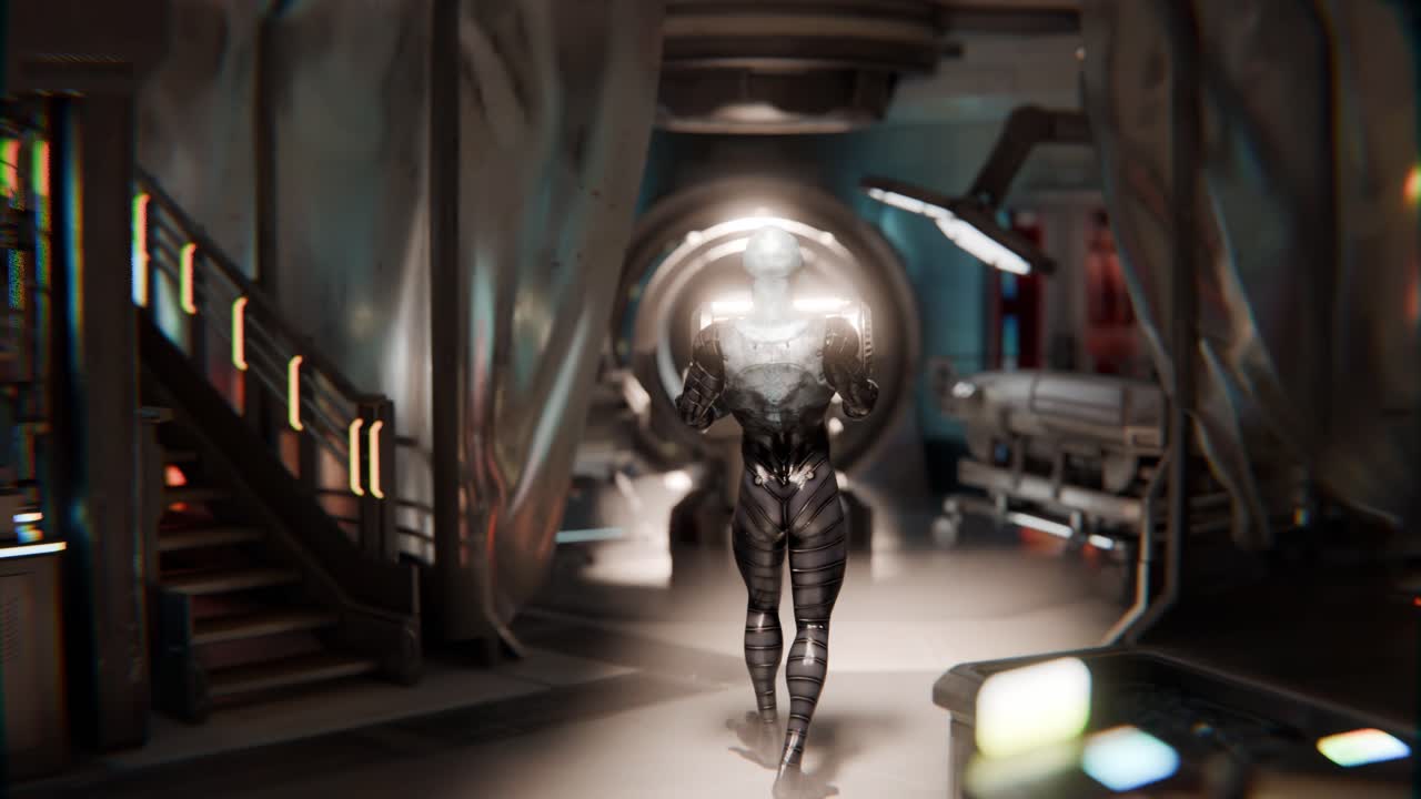 androide alienígena en una instalación médica futurista