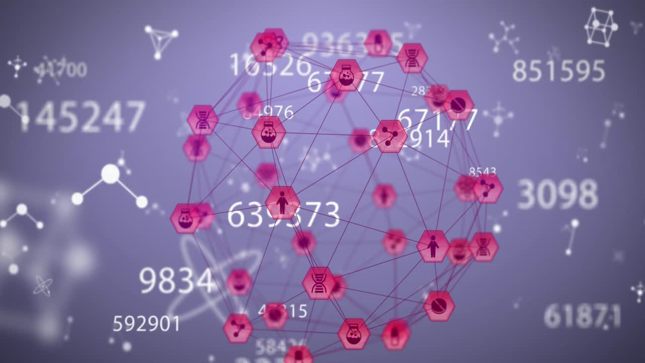 분자 구조의 애니메이션, 변화하는 숫자, 보라색 배경에 디지털 아이콘의 지구