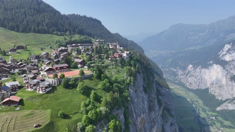 panning drone aerial stunning mountain village murren switzerland