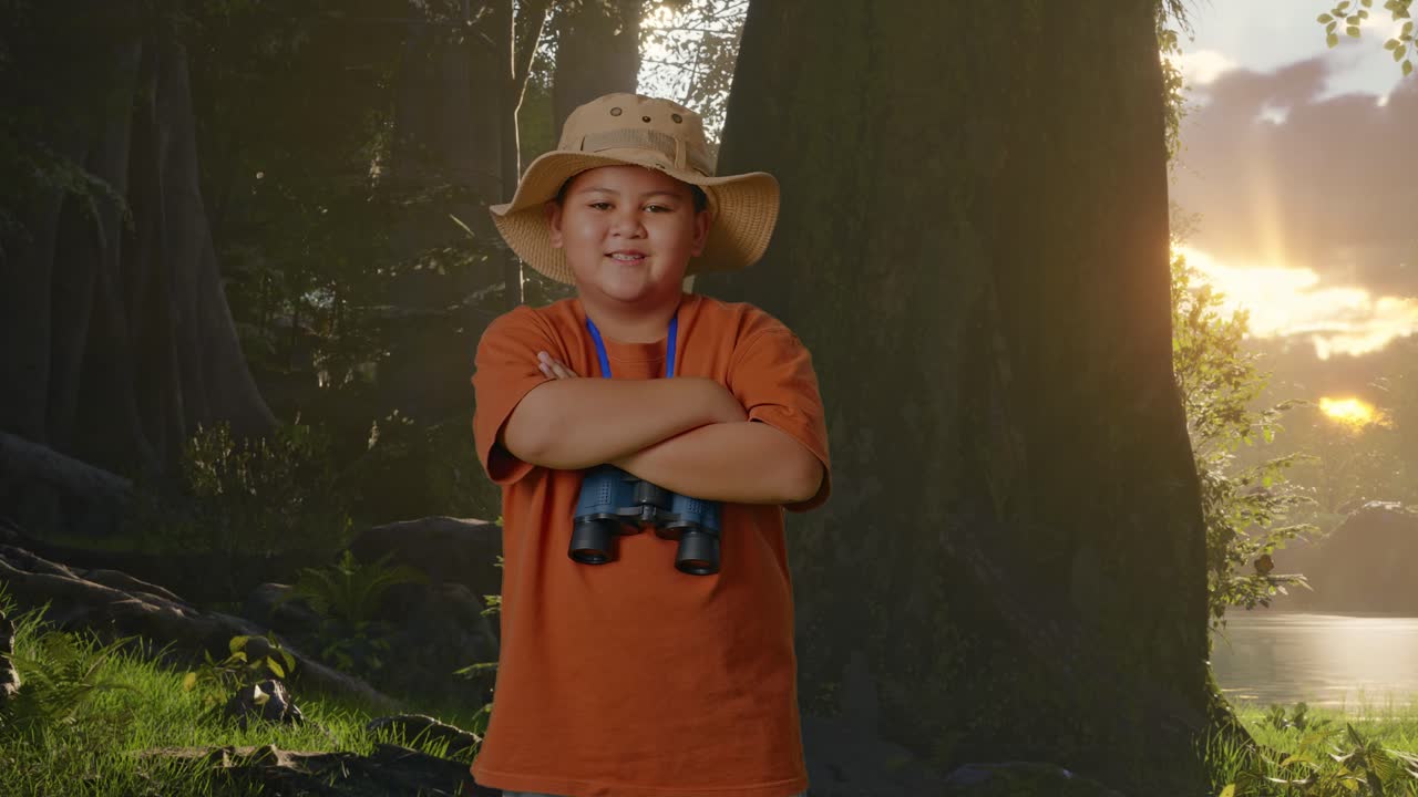 niño asiático con sombrero y binoculares cruzando los brazos y sonriendo a la cámara mientras explora la naturaleza forestal. niño investigador examina algo, concepto de aventura de turismo de viaje