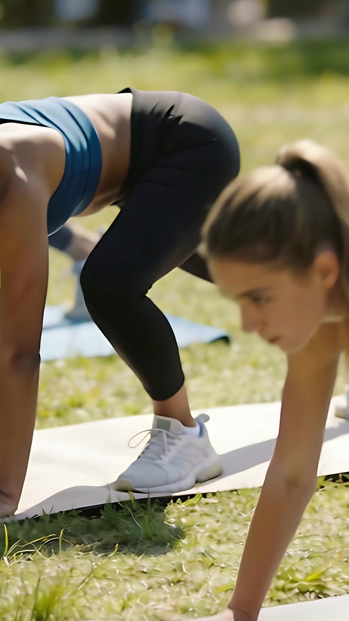 Vertikal video: Kvinde starter i planke, sænker sig, fører knæene ned i en squat på græsmåtter i sportstøj