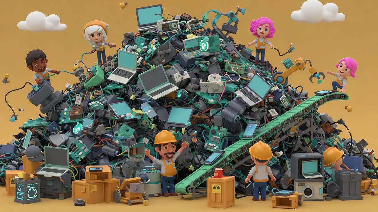 Colorful Characters Engaged in Recycling Electronic Waste Amidst a Mountain of Old Gadgets and Equipment, Showcasing the Importance of Environmental Responsibility