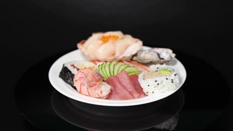 assorted sushi on a rotating display over 10 seconds