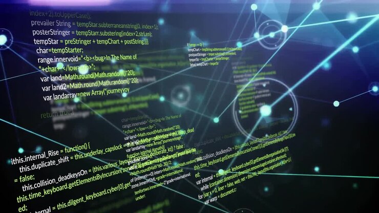 Dark void initiating neon network pulsing nodes and yellow-green code floating showing data flow