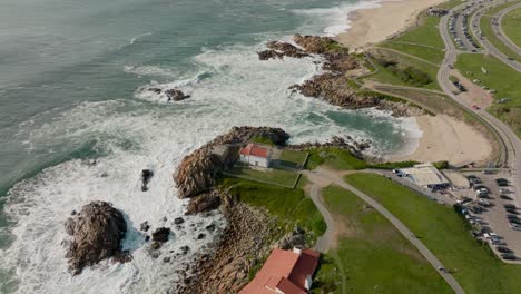 Aerial-view-over-Capela-da-Boa-Nova-in-Leça-da-Palmeira,-Matosinhos