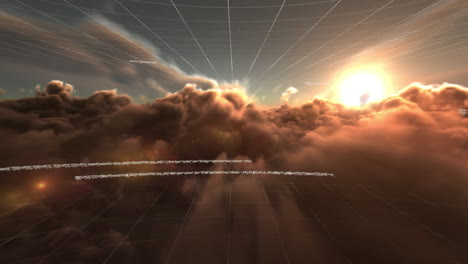 digitally generated video of data processing against morning sky with clouds in background