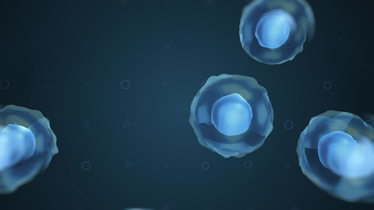 video en 4k de esferas de diferentes tamaños sobre un fondo azul.