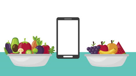 smartphone con frutas y verduras alimentos saludables