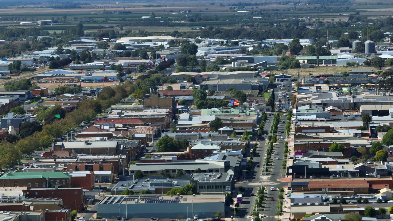 Drone shot of the main town centre high street In Griffith, NSW, Australia