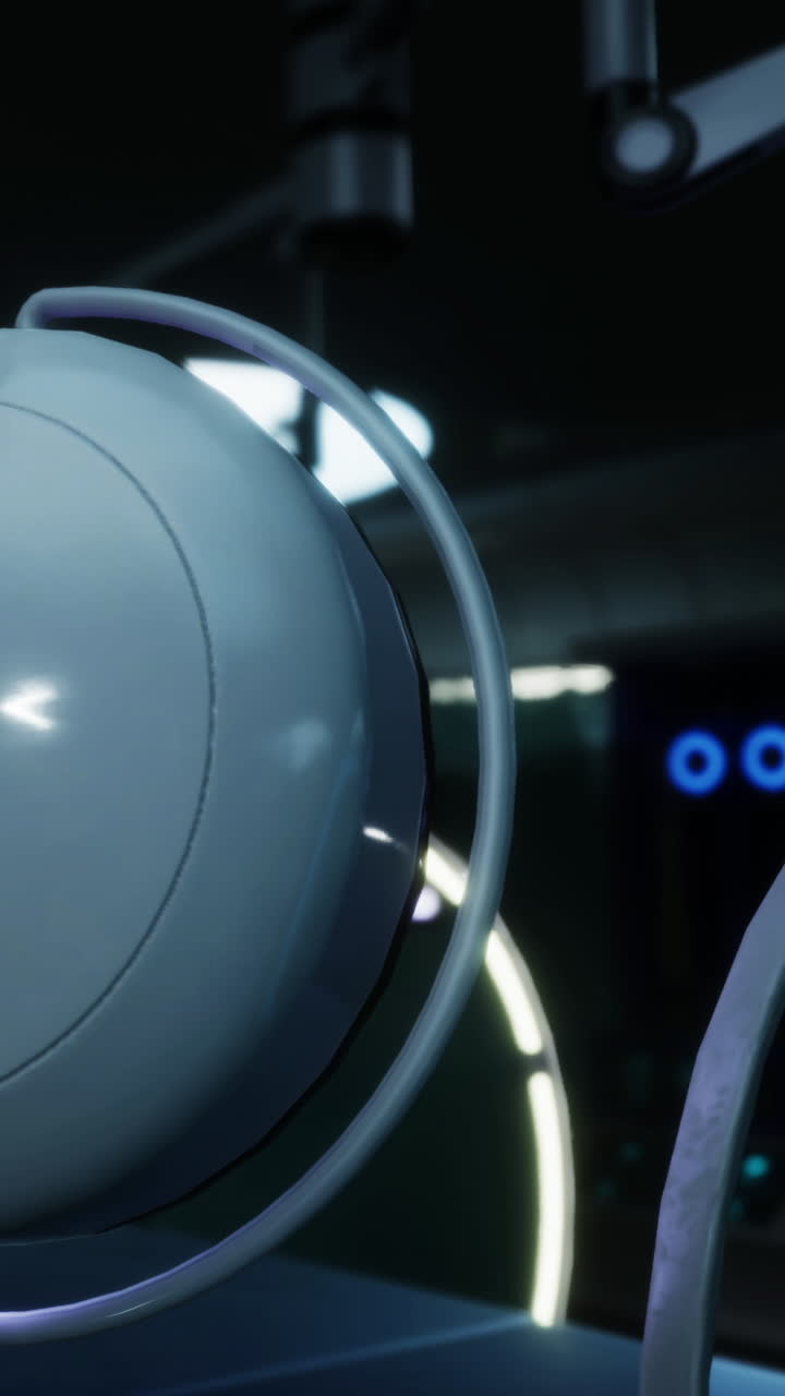 Robotic sphere with wires in a dimly lit technological space