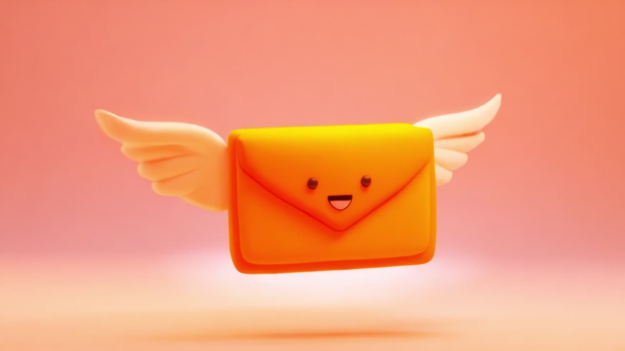 A cheerful, flying envelope character with wings brings a sense of joy and playfulness in a vibrant background, symbolizing messages, communication, and joyful connections