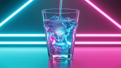 a stunning glass of water with ice caught in a dynamic neon environment, showcasing vibrant colors and rippling reflections in a modern artistic setting