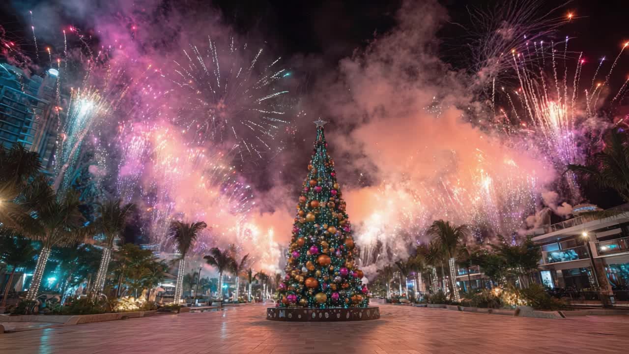 A Breathtaking Display of Celebration: Illuminated Christmas Tree Surrounded by Colorful Fireworks and Festive Atmosphere in a Vibrant Urban Setting