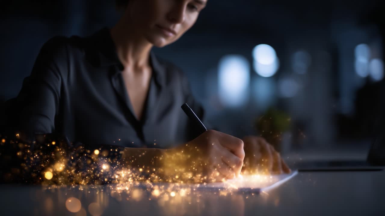 Un momento di creatività riflessiva: una persona scrive con talento in uno spazio di lavoro scarsamente illuminato, tra effetti di luce scintillante, a dimostrazione di ispirazione e concentrazione