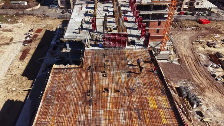 Construction site in a city shows workers preparing a concrete slab and building framework for a new structure in the daytime