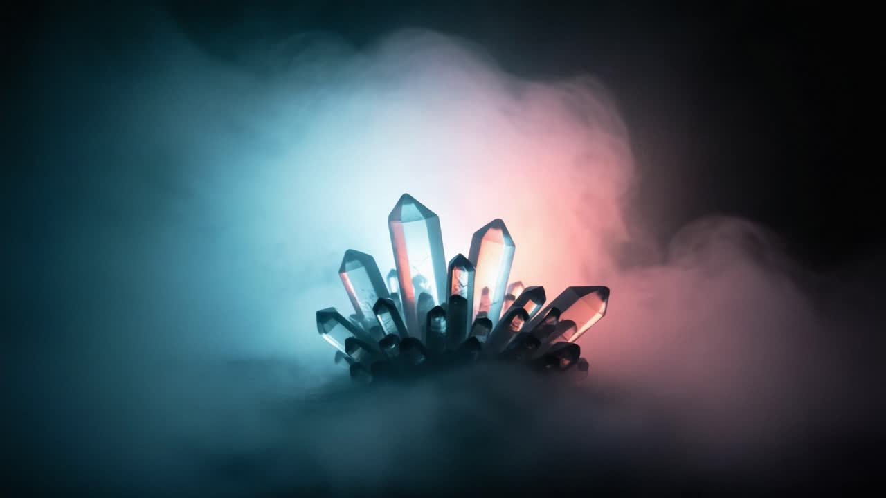 A Beautiful Array of Colorful Crystals Emanating Soft Glows Amidst a Mystical Mist, Forming an Enigmatic Display That's Both Captivating and Ethereal