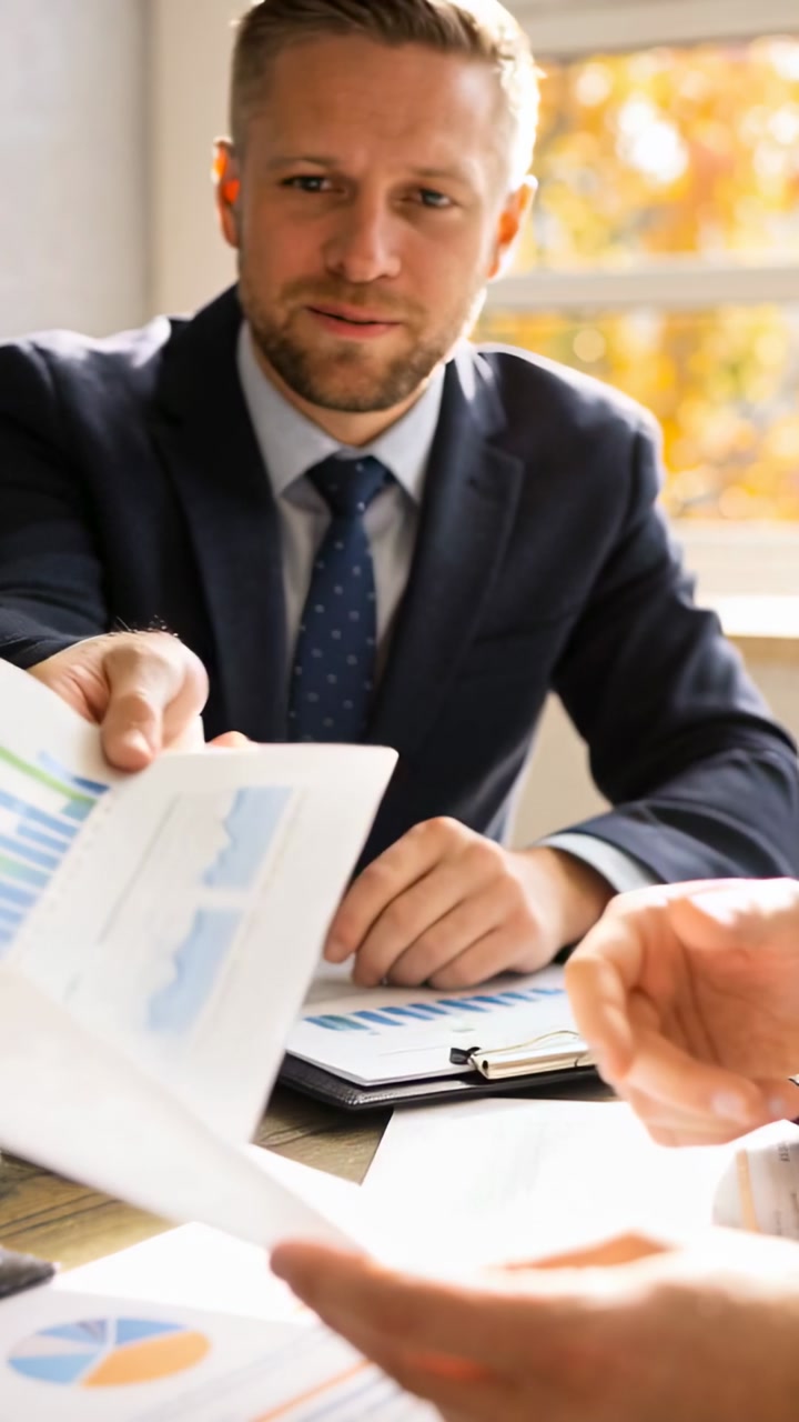 Vertical video: Reaching as colleague handing report, suited man reviewing charts at office table