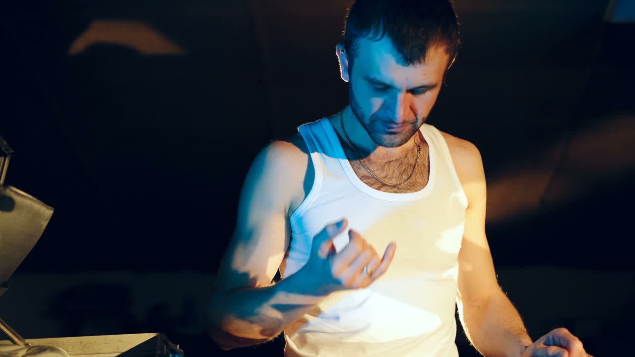 Drug dealer checks the quality of drugs. Abuse of drugs. Criminal Business