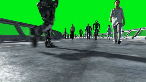 people and robots. sci fi tonnel. futuristic traffic. concept of future. green screen footage. realistic 4k animation.