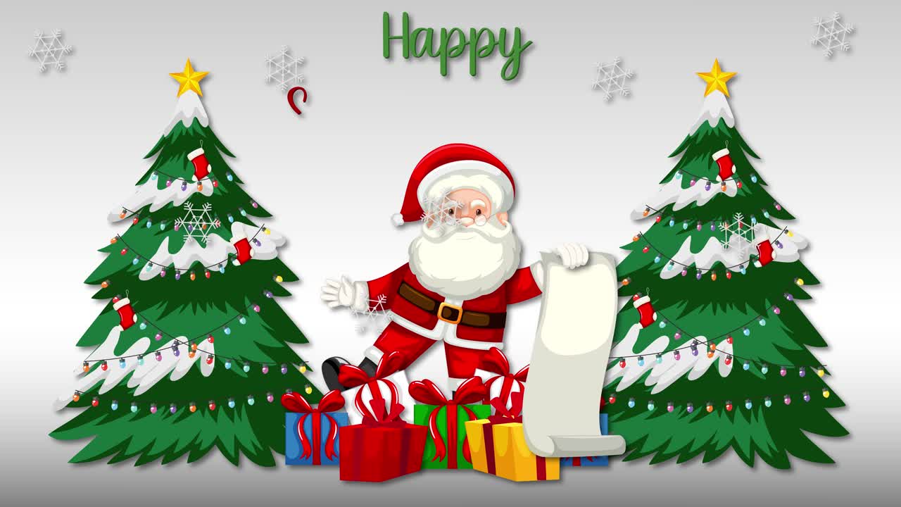 Papá Noel con lista, regalos y árbol de Navidad