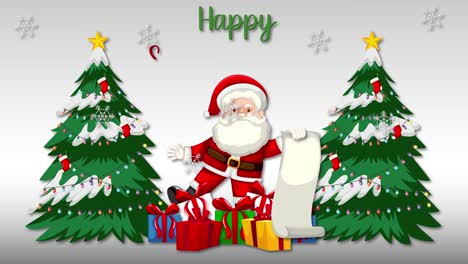 papá noel con lista, regalos y árbol de navidad
