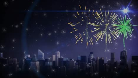 Digitally-generated-video-of-fireworks-exploding-over-cityscape-against-black-background