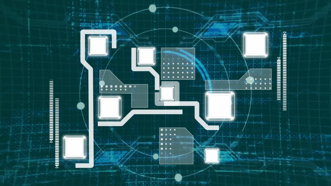 어두운 배경에 원형 스캐너를 통해 메인보드 네트워크 처리의 애니메이션